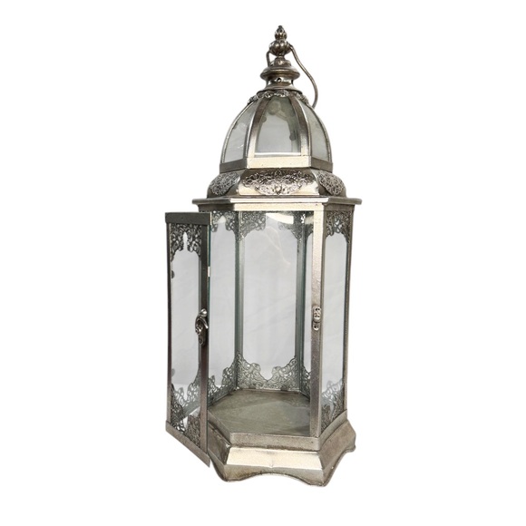 Elegant Large Metal Silver Lantern with Glass Windows and Handle - Picture 2 of 6